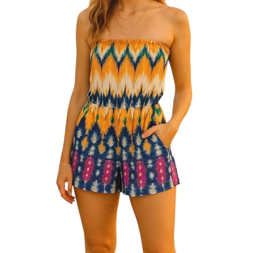 TYCHE‎ Boho Romper Strapless Sz Small 2" Abstract Yellow Blue Pockets Festival